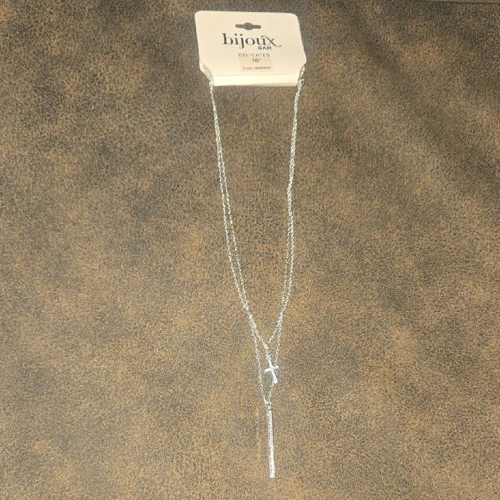 Bijoux Bar Delicates 2 Row Silver Cross and Bar Necklace 16"